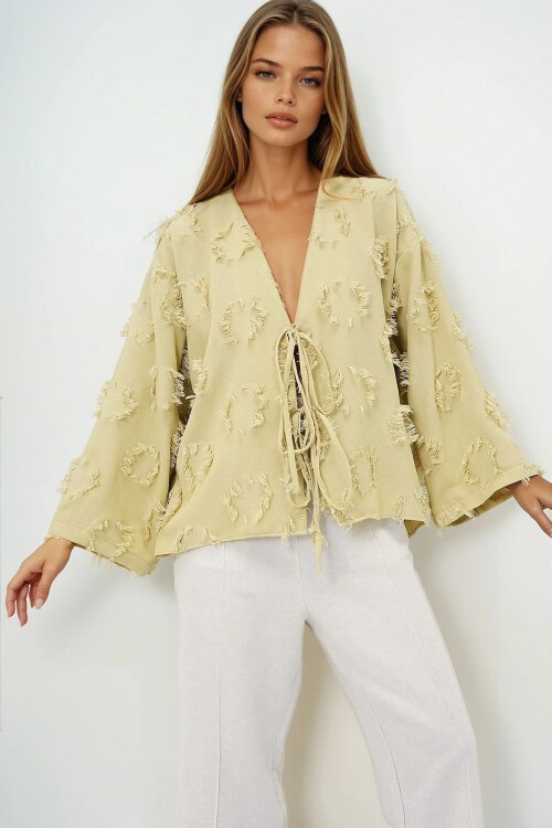 Mint V Yaka Önü Bağlamalı Püskül Detaylı Yazlık Keten Ceket