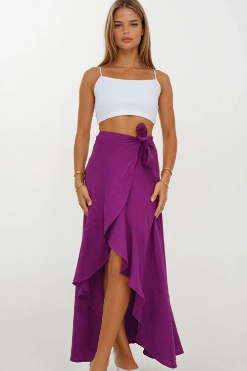 Mor Asimetrik Kesim Düğme Kapamalı Müslin Etek