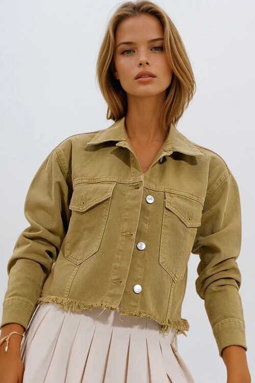 Olive Çift Cepli Püskül Detaylı Crop Jean Ceket