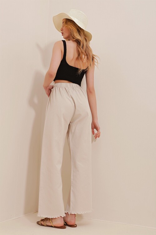 Bej Paçası Püsküllü Yüksek Bel Palazzo Jean Pantolon