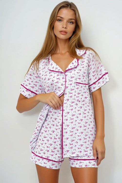 Papatya Desen Fuşya Tek Cepli Biye Detaylı Pamuklu Gömlek Ve Şortlu Pijama Takımı