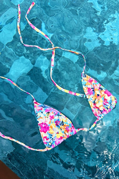 Pembe Batik Desenli İpli Bikini