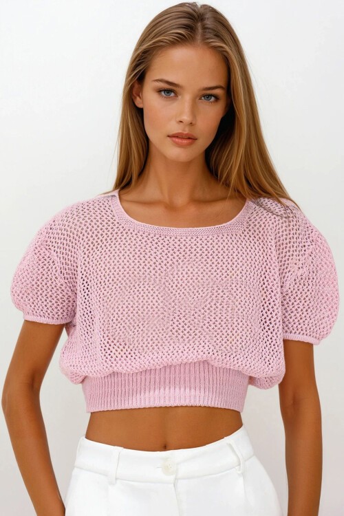 Pembe Beli Gipeli Ajurlu Crop Bluz