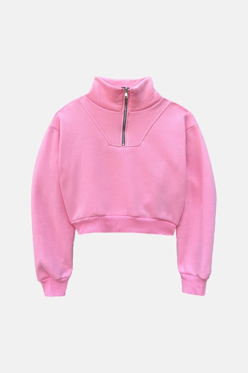 Pembe Dik Yaka Fermuarlı Sweatshirt