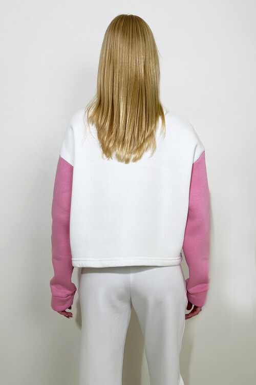 Pembe Dik Yaka Yarım Fermuarlı Renk Bloklu Sweatshirt