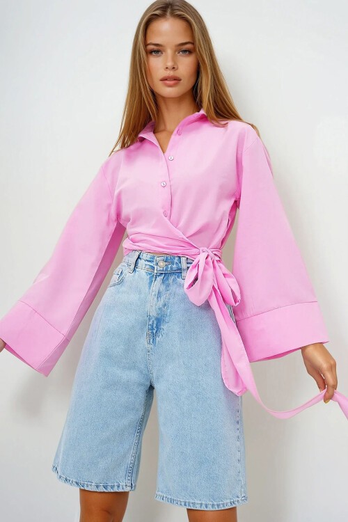 Pembe Geniş Manşetli Kol Detaylı Önü Bağlamalı Poplin Gömlek