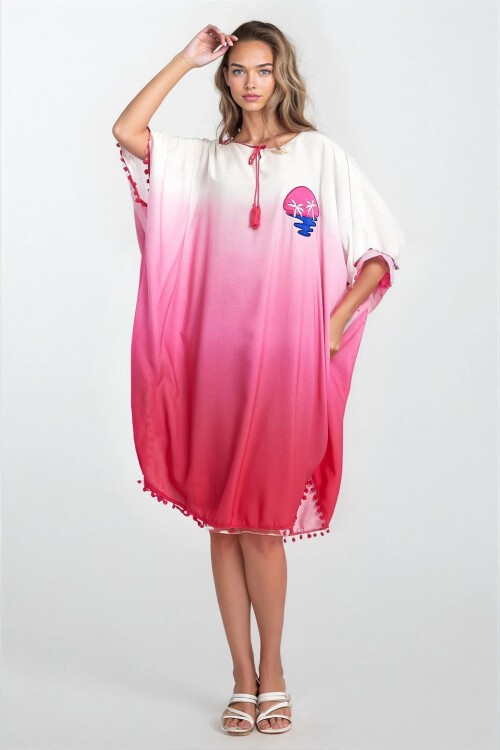 Pembe Kayık Yaka Püsküllü Büyük Beden Viskon Elbise