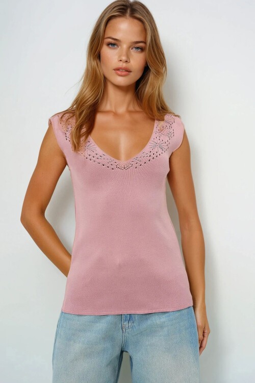 Pudra Ön Arka V Yaka Ajurlu Yazlık Triko Bluz