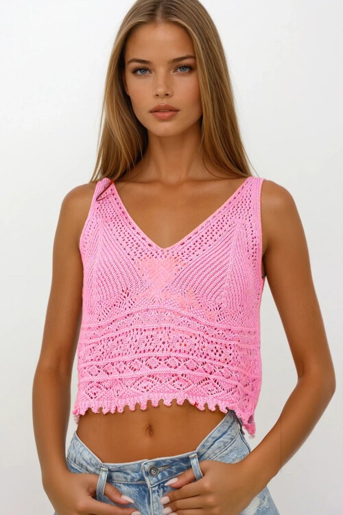 Pudra Pembe Askılı Ajurlu Örme Crop Bluz