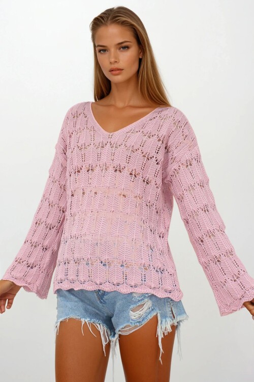 Pudra Pembe V Yaka Ajurlu Bluz