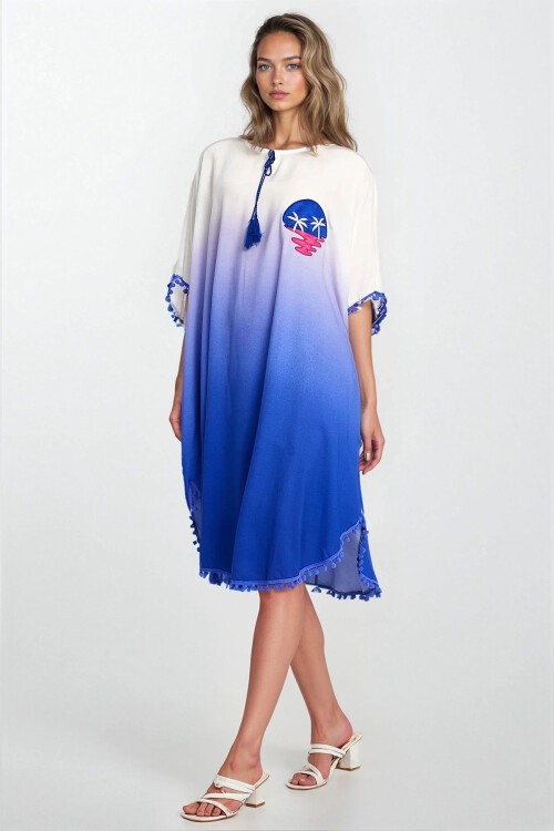 Saks Kayık Yaka Püsküllü Büyük Beden Viskon Elbise