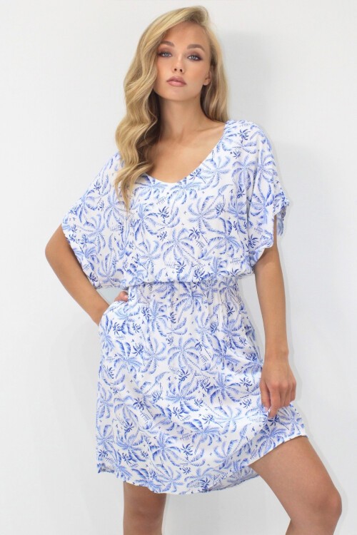 Saks V Yaka Çift Cepli Desenli Beli Gipeli Dokuma Viskon Elbise