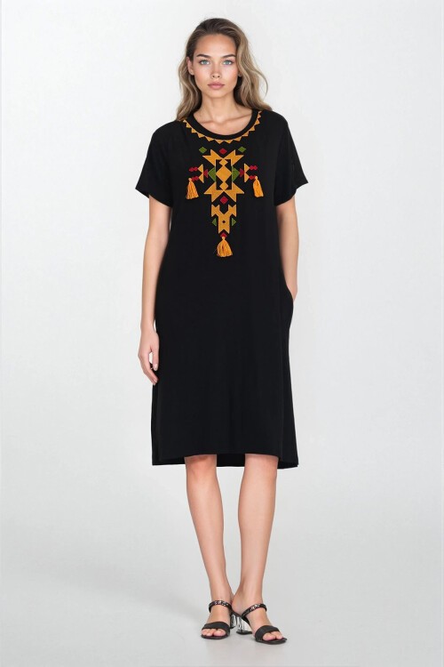 Sarı Kayık Yaka Kısa Kollu Büyük Bede Viskon Elbise