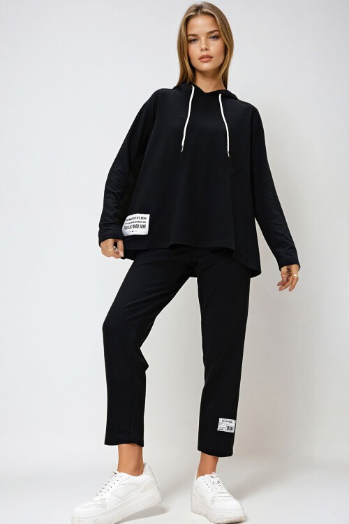 Siyah Arma Detaylı Kapüşonlu İki İplik Eşofman Takım