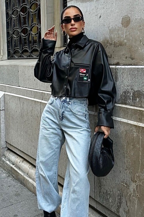 Siyah Armalı Suni Deri Ceket