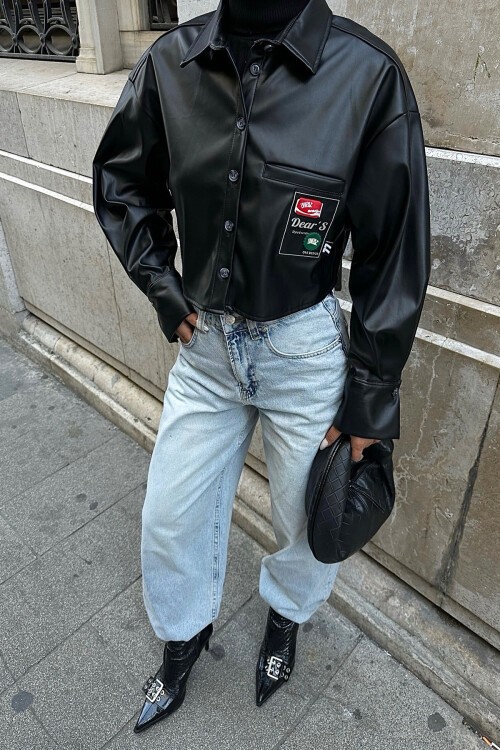 Siyah Armalı Suni Deri Ceket