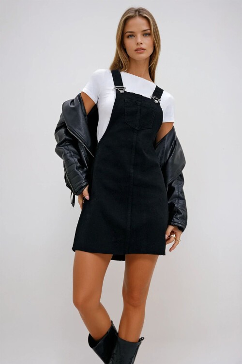 Siyah Askılı Cepli Jean Salopet