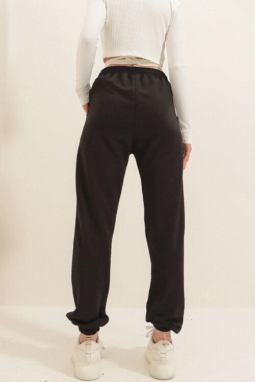 Siyah Ayıcık Baskılı Paçası Lastikli İki İplik Eşofman Altı