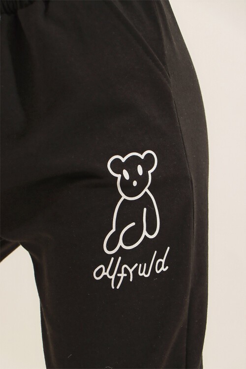 Siyah Ayıcık Baskılı Paçası Lastikli İki İplik Eşofman Altı