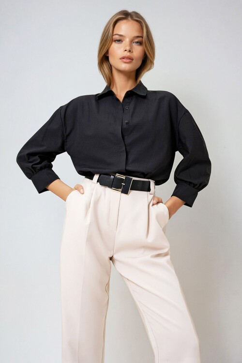 Siyah Balon Kol Gizli Patlı Dokuma Gömlek