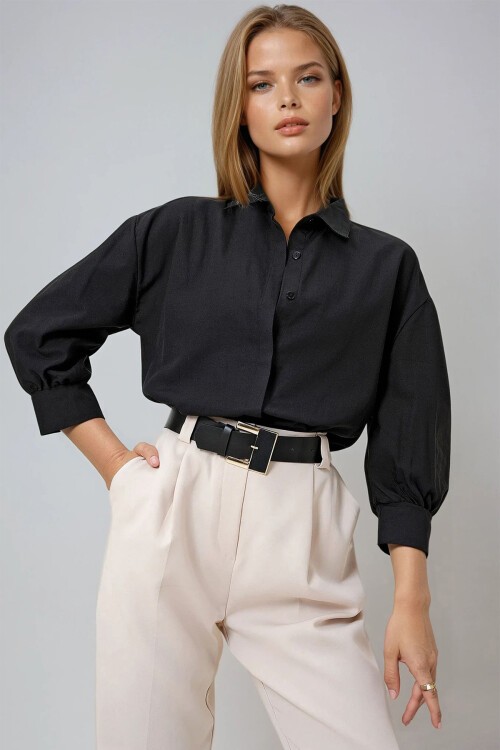 Siyah Balon Kol Gizli Patlı Dokuma Gömlek