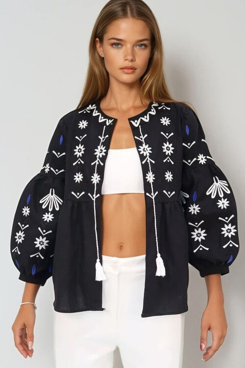 Siyah Balon Kol Nakışlı Ceket