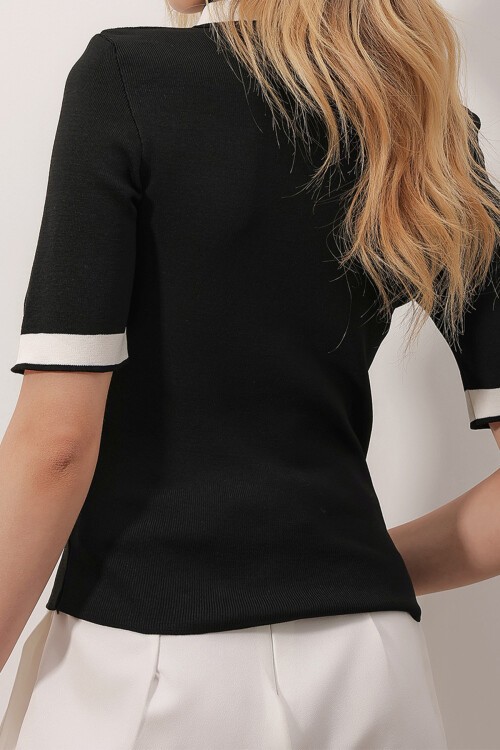 Siyah Bebe Yaka Yarım Kol Renk Bloklu Triko Bluz
