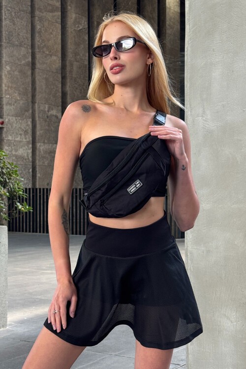 Siyah Beli Lastikli File Detaylı Şort Etek