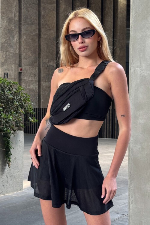 Siyah Beli Lastikli Şort Etek Gözlük Çanta Ve Büstiyer Takım Stay Fit V00023