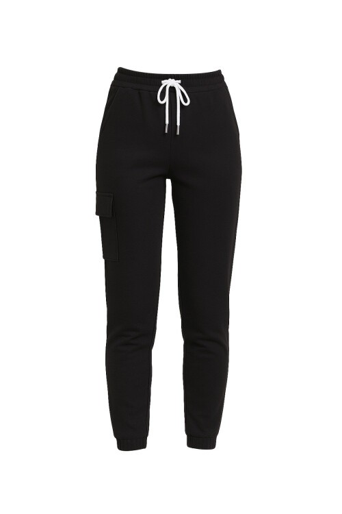 Siyah Beli Ve Paçası Lastikli Önü Dikiş Detaylı İki İplik Kargo Cep Eşofman Altı