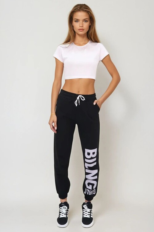 Siyah Beli Ve Paçası Lastikli Yazı Baskılı İki İplik Eşofman Altı