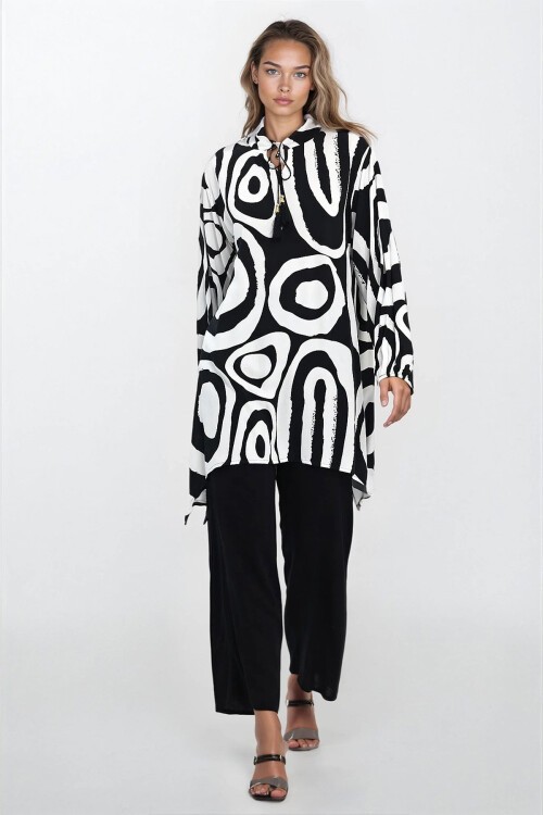 Siyah-Beyaz Hakim Yaka Bluz Ve Pantolon Büyük Beden Alt Üst Takım