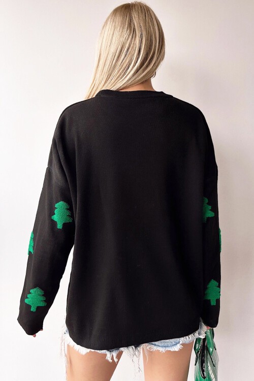 Siyah Bisiklet Yaka Ağaç Desenli Triko Kazak