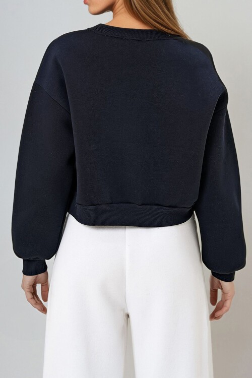 Siyah Bisiklet Yaka Kol Ve Yaka Baskı Detaylı Üç İplik Şardonlu Sweatshırt