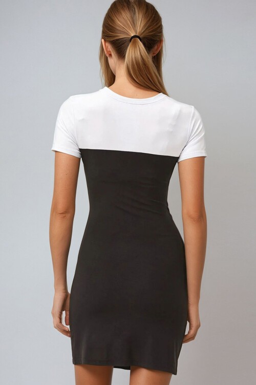 Siyah Bisiklet Yaka Önü Drapeli Renk Bloklu Sandy Elbise