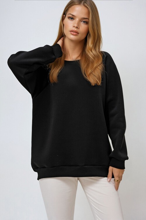 Siyah Bisiklet Yaka Reglan Kol Üç İplik Şardonlu Basic Sweatshırt