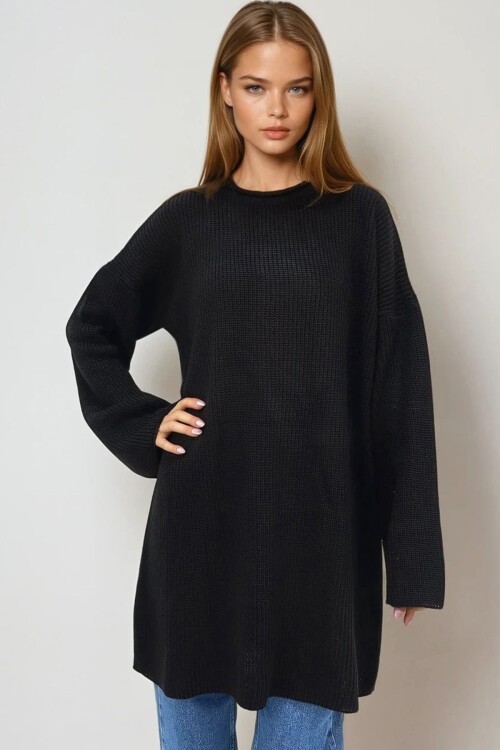 Siyah Bisiklet Yaka Selanik Örgü Triko Elbise