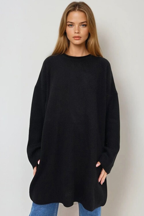 Siyah Bisiklet Yaka Selanik Örgü Triko Elbise