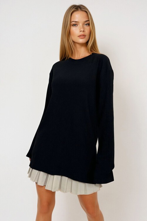 Siyah Bisiklet Yaka Yanları Yırtmaçlı Oversize Mevsimlik Basic Bluz