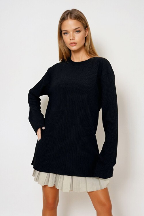 Siyah Bisiklet Yaka Yanları Yırtmaçlı Oversize Mevsimlik Basic Bluz