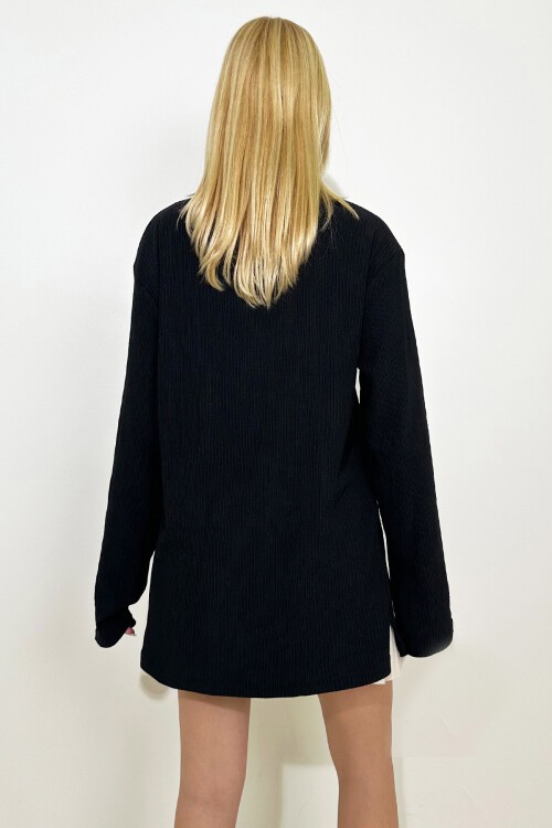 Siyah Bisiklet Yaka Yanları Yırtmaçlı Oversize Mevsimlik Basic Bluz