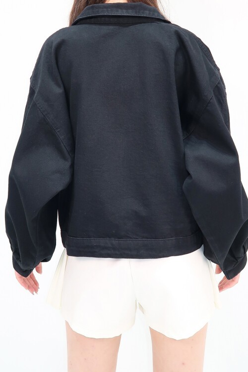 Siyah Çift Cepli Balon Kollu Jean Ceket