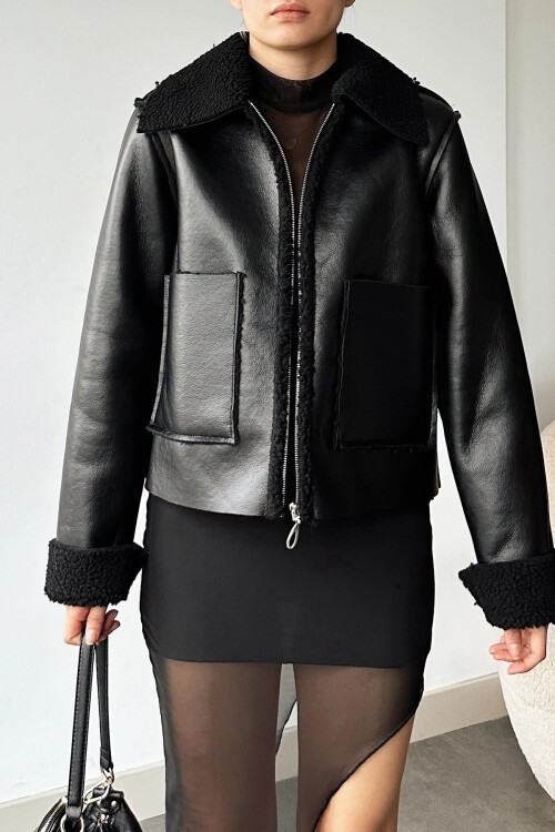 Siyah Çift Cepli İçi Suni Kürklü Suni Deri Biker Ceket