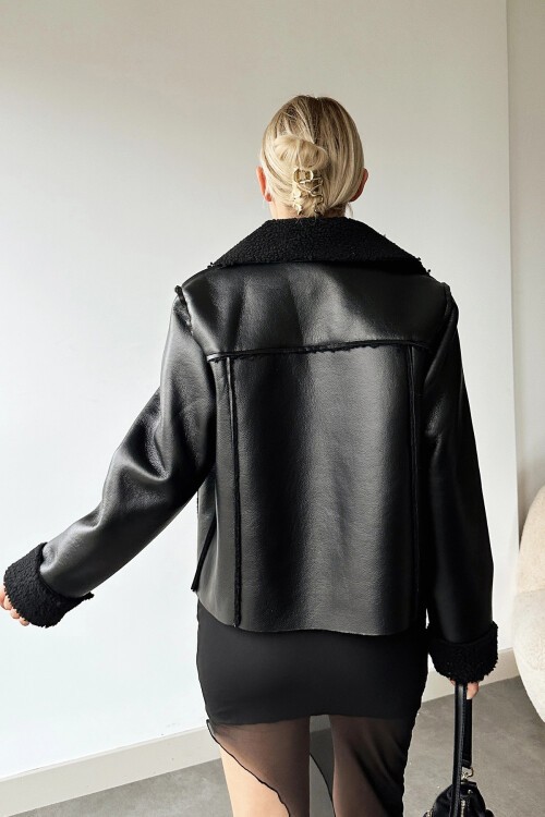 Siyah Çift Cepli İçi Suni Kürklü Suni Deri Biker Ceket