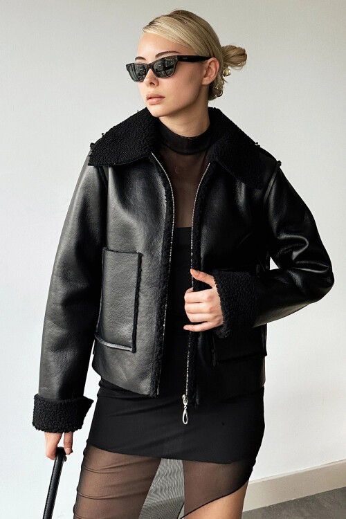 Siyah Çift Cepli İçi Suni Kürklü Suni Deri Biker Ceket