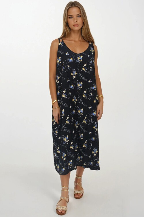 Siyah Çift Cepli Rahat Kesim Desenli Elbise