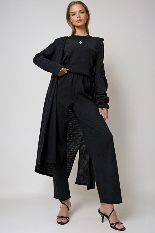 Siyah Çizgili Omzu Vatkalı Bisiklet Yaka Bluz Pantolon Ve Hırkalı Set Takım