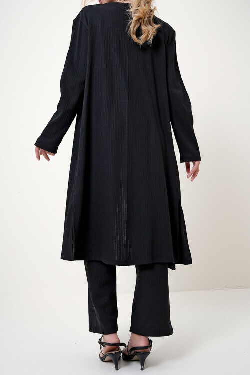 Siyah Çizgili Omzu Vatkalı Bisiklet Yaka Bluz Pantolon Ve Hırkalı Set Takım