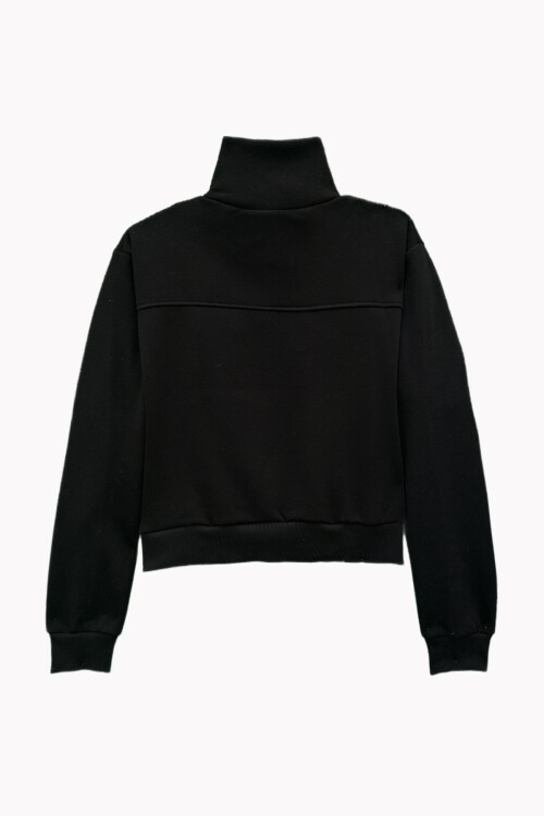 Siyah Dik Yaka Fermuarlı Sweatshirt