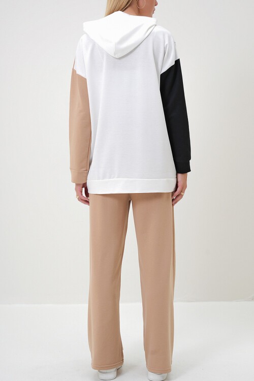 Siyah Ekru Kapüşonlu Renk Bloklu İki İplik Alt Üst Takım